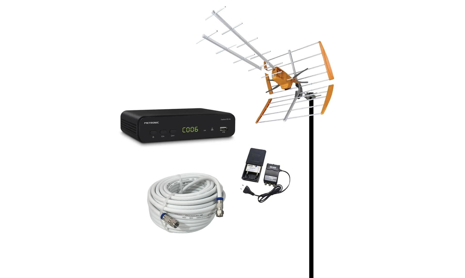 Pack TNT - Antenne TV + pied + décodeur TNT + câble antenne 50m